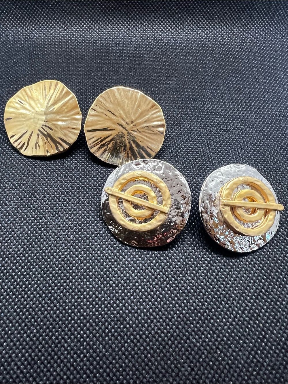 Vintage Gold and Silver Textured Round Earrings - Set of 2 Pairs